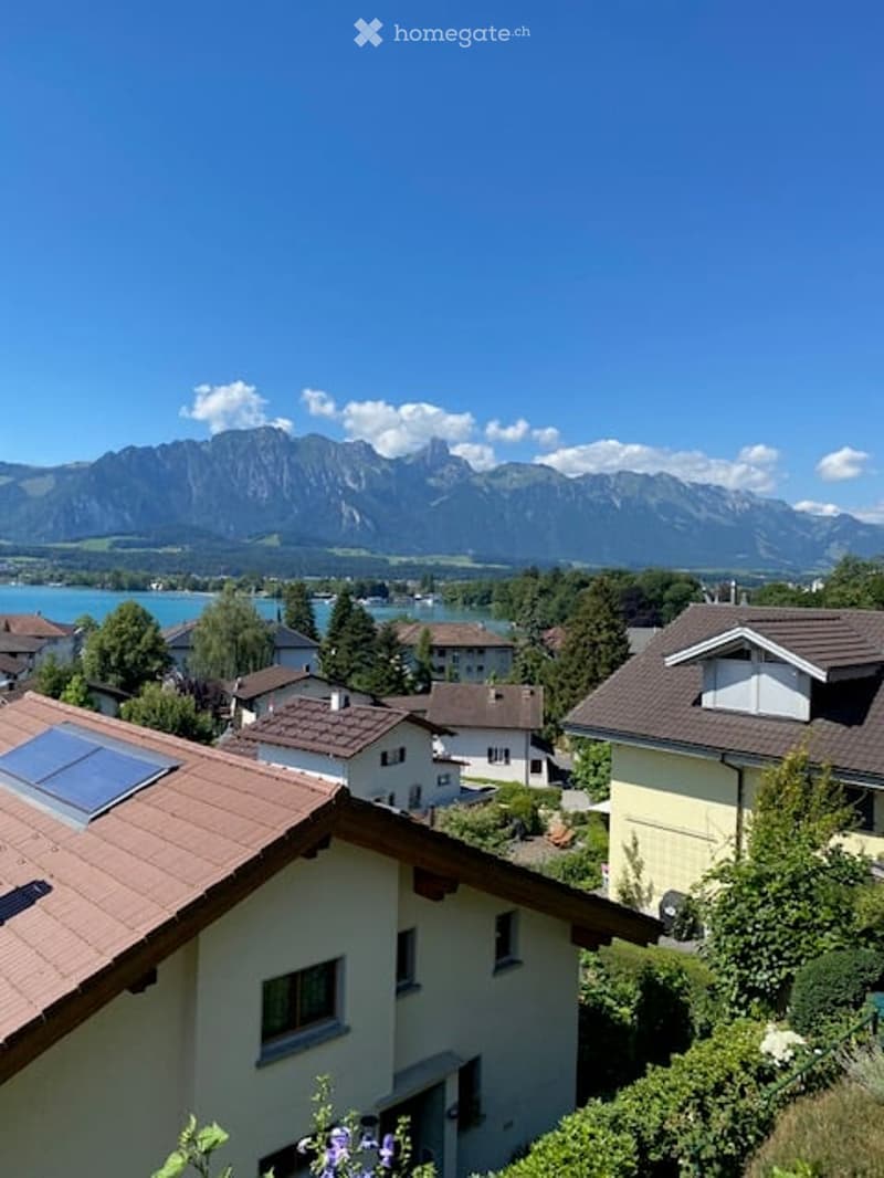 Residential houses with red-tiled roofs and solar panels, surrounded by greenery and overlooking a scenic mountain range and lake.