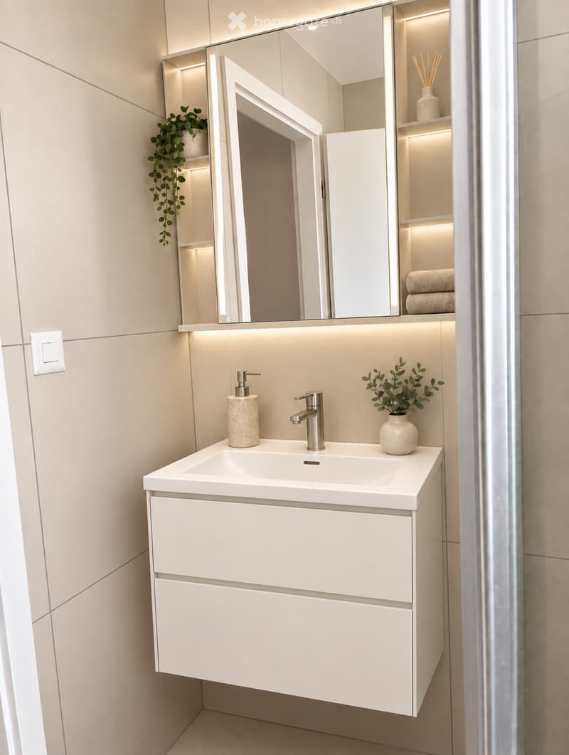 Modern bathroom with a white sink, sleek faucet, large mirror with built-in lighting, and a cabinet below. Two small vases with greenery are placed on the sink counter.