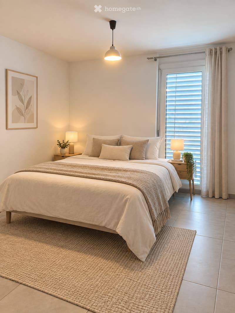 A modern bedroom with a large bed, nightstands, lamps, a picture frame, and a woven rug.