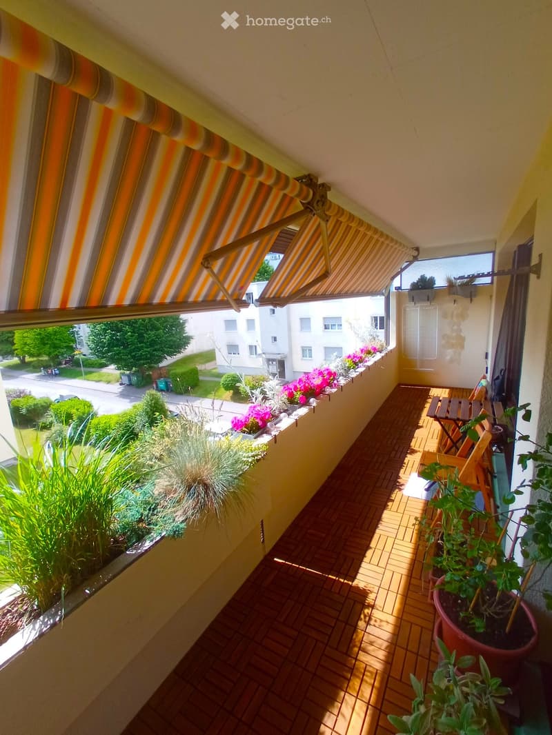 Balcony with wooden decking, striped awning, potted plants, and outdoor furniture including a table and chairs.