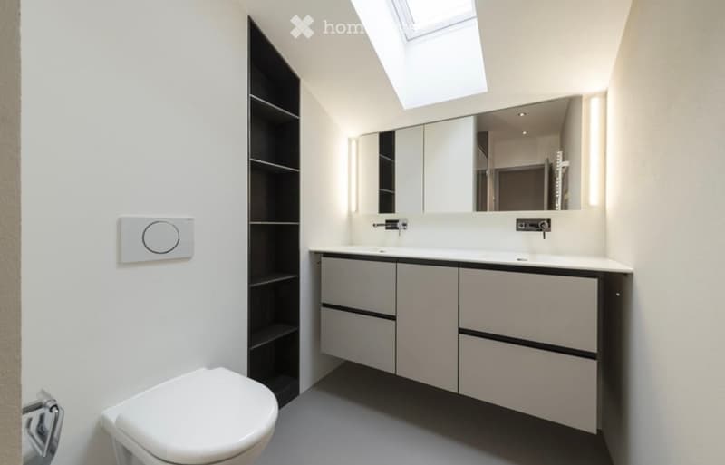 Modern bathroom with white walls, a toilet, a sink with a large mirror, and built-in cabinets.