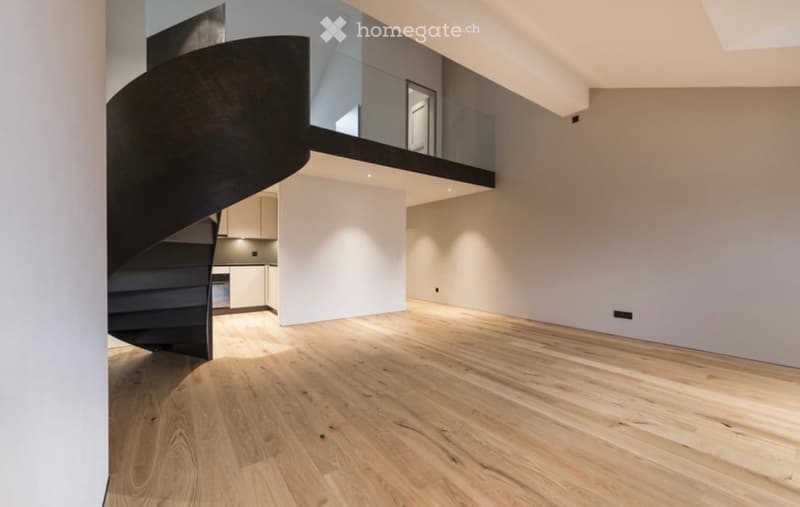 Open-plan space with light wooden flooring, white walls, and a modern black spiral staircase leading to an upper level with glass railing.
