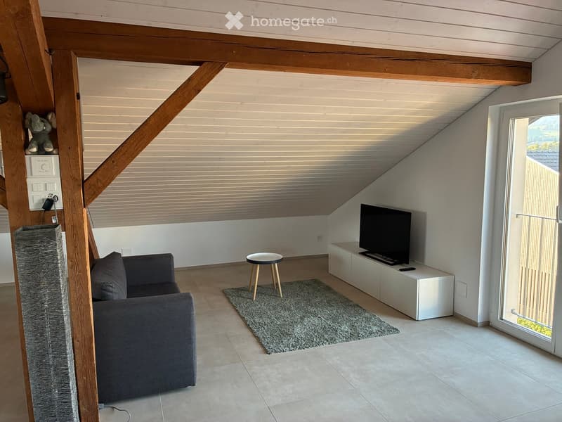 Modern living room with a grey sofa, small round stool, flat-screen TV on a white stand, and a grey cat tree. The room features exposed wooden beams and a skylight, with a view of the outdoors through a large window.