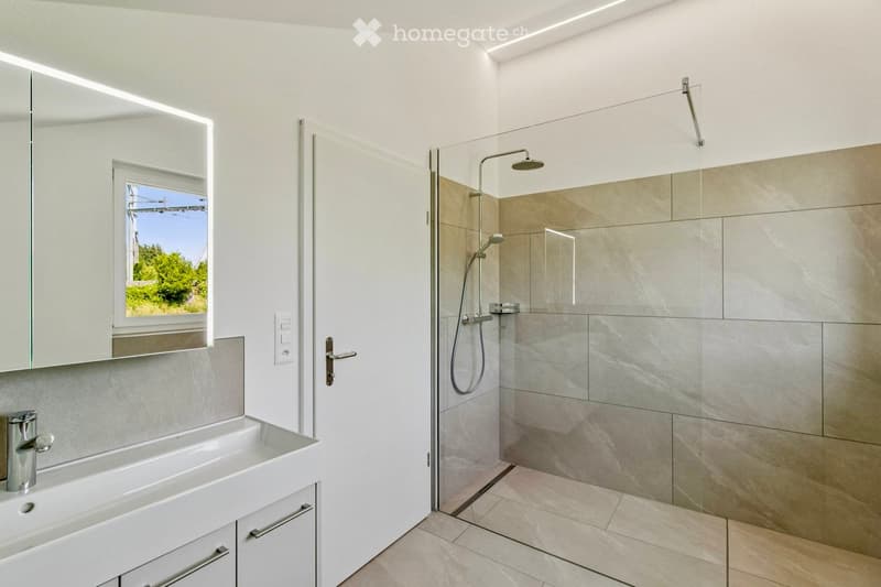 Modern bathroom with a white sink, mirror, and a glass-enclosed shower area with a modern showerhead.