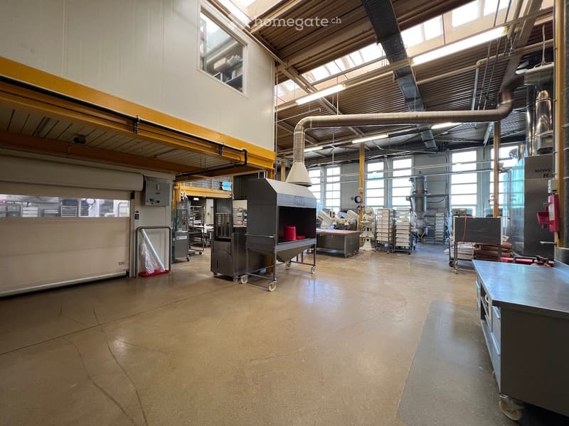 An industrial room with concrete floor, white walls, several pieces of large machines and carts, overhead pipes, and large windows