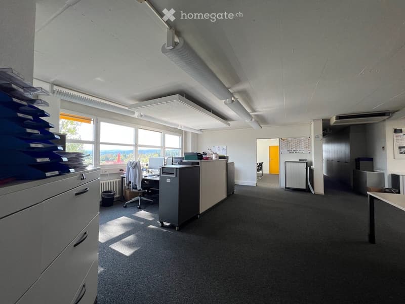 Empty office with desks, monitors, cabinets, radiator, trash can, chair, carpet, ceiling lights, windows, door