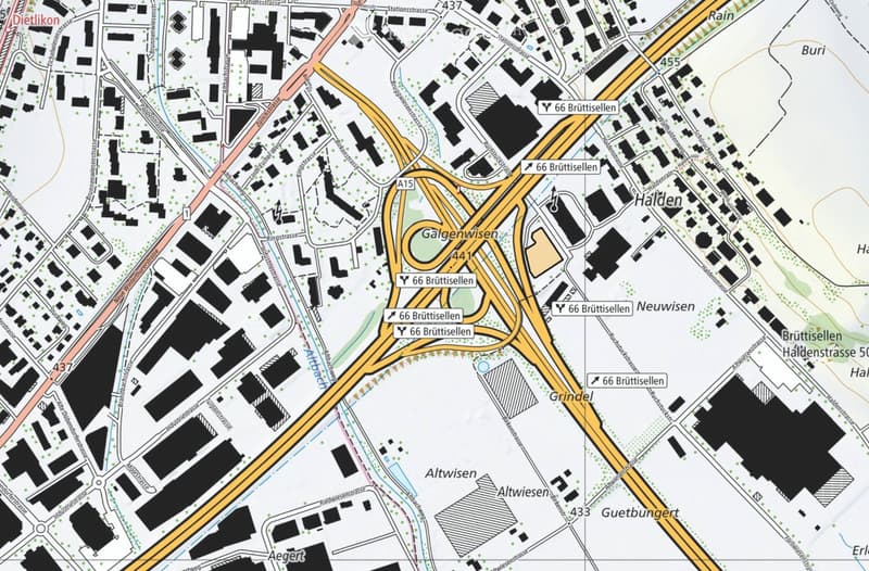 Topographic map showing urban area with streets, buildings, and labeled locations such as Galgenwiesen, Altwiesen, and Grindel.