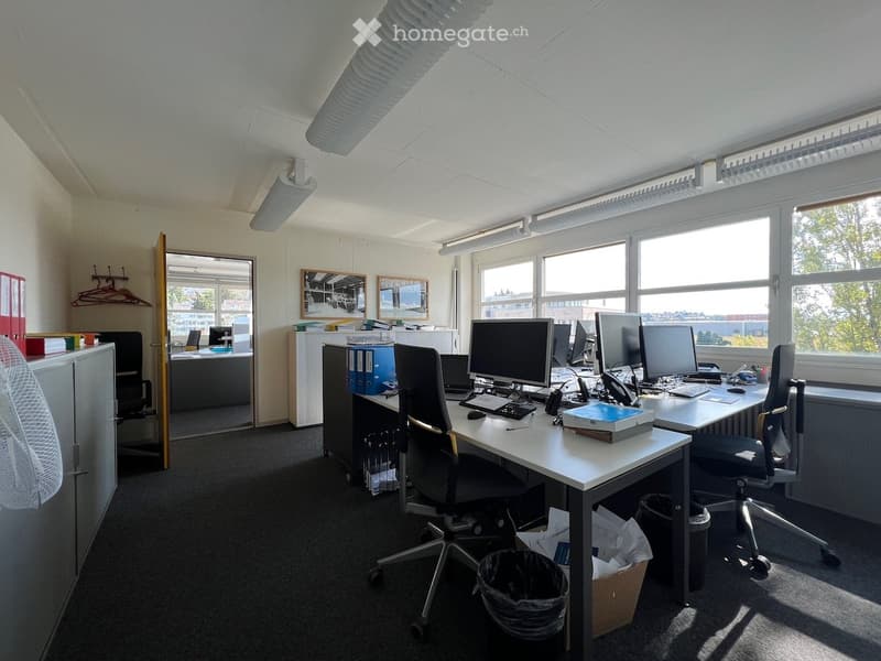 Empty office with desks, monitors, chairs, cabinets, waste bin, trash can, and two doors