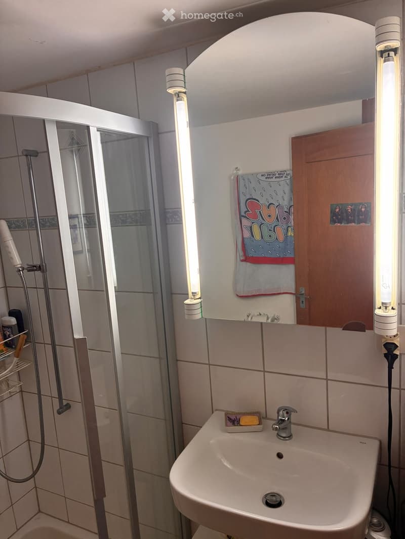 Bathroom with a sink, faucet, shower, towel, and soap dish. The walls are tiled, and there is a wooden cabinet with a mirror above the sink.