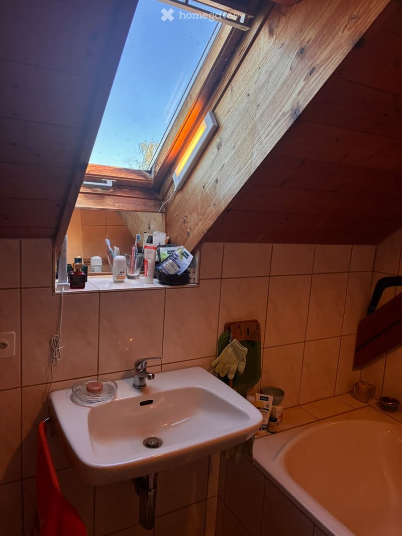 Bathroom with a sink, mirror, and bathtub, featuring wooden slanted ceilings and a skylight window. Personal care items are placed on the sink counter.