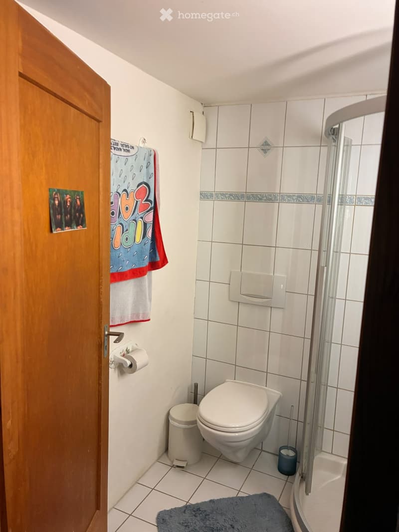Small bathroom with white tiled walls and floor, toilet, shower, towel, toilet paper holder, and a small trash can.