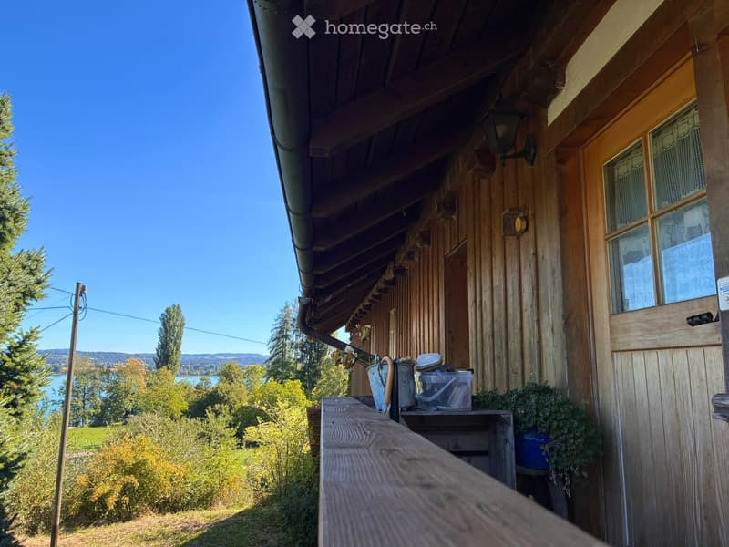 Wooden balcony overlooking a scenic lake and forested landscape, with a small storage area and potted plants.