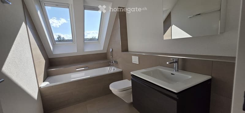 Modern bathroom with a bathtub, toilet, sink, and large skylight windows allowing natural light. Features a sleek, contemporary design with neutral tones and a built-in mirror cabinet.