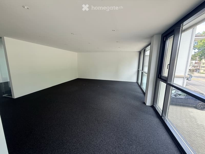 Empty room with white walls, black carpet, large windows, and modern lighting fixtures.