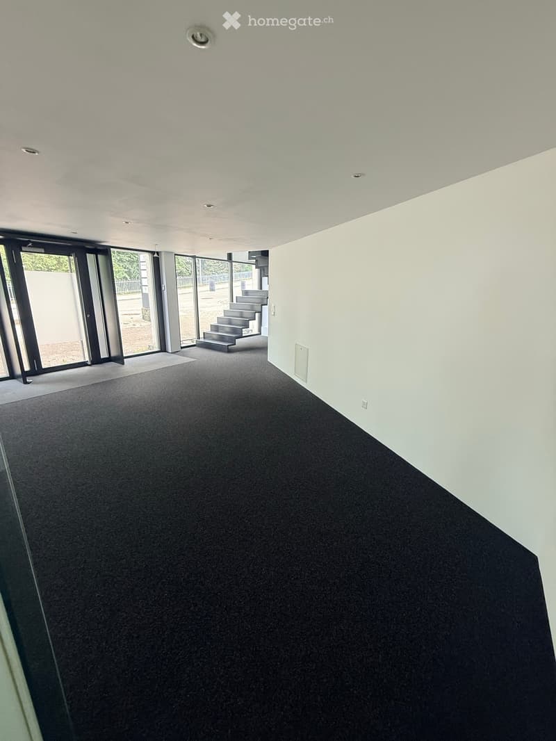 Empty room with dark carpet flooring, white walls, and large glass doors leading to an outdoor area. A small staircase is visible in the background.