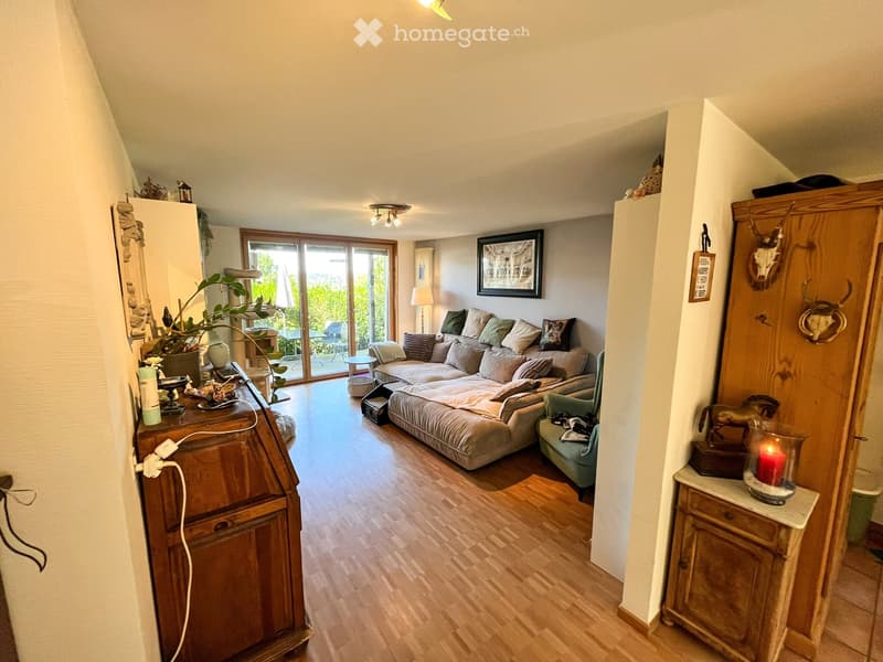 A cozy living room with a large sectional sofa, wooden floor, large windows, and decorative items including a plant, picture frame, and candle.