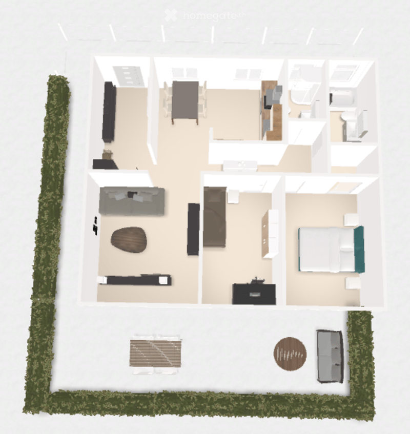 Floor plan of a modern apartment with living room, dining area, kitchen, two bedrooms, and two bathrooms. Includes a balcony and outdoor seating area.