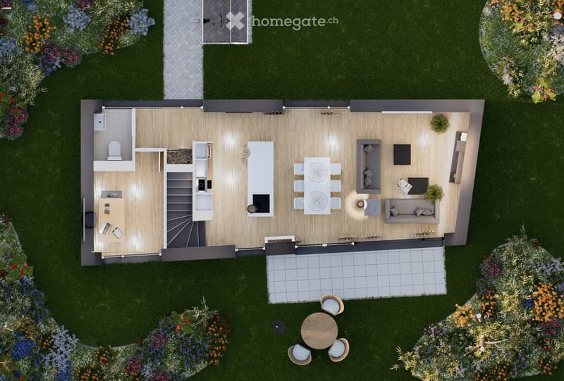 Top-down view of a modern house floor plan with a kitchen, living area, dining area, and outdoor patio. The layout includes a staircase leading to an upper level, a small bathroom, and a well-maintained garden with colorful flowers and shrubs.