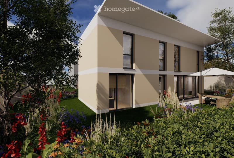 Modern two-story house with beige and white exterior, large windows, and a spacious garden with colorful flowers and greenery.