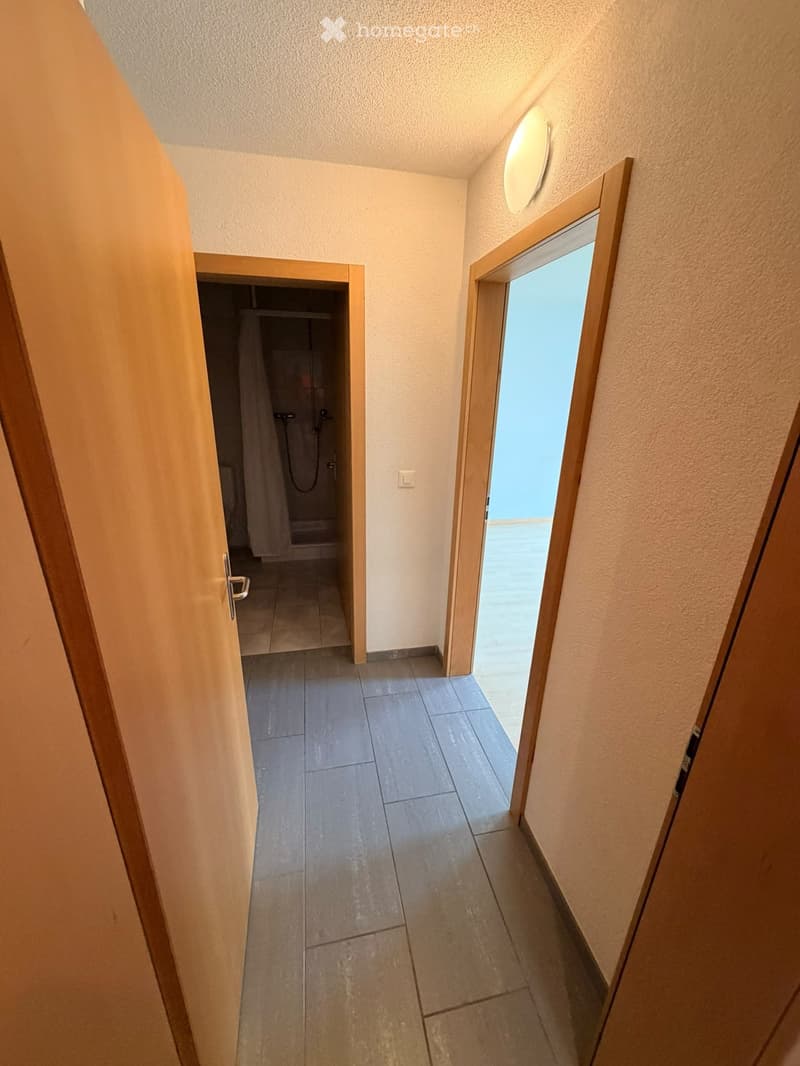 A narrow hallway with tiled flooring, light-colored walls, and two doors: one leading to a shower area and the other to a bright room with a view.