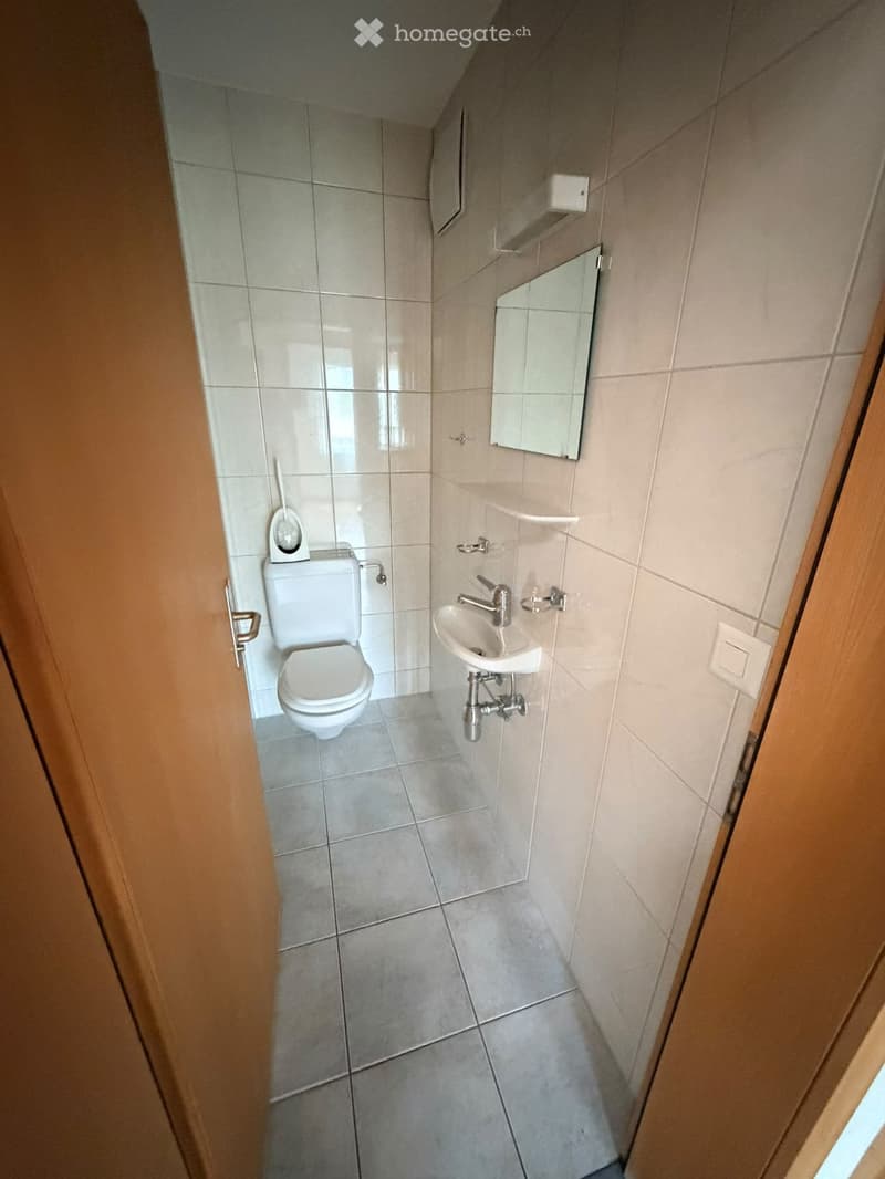 Small bathroom with white tiled walls and floor, featuring a toilet, sink, and mirror.