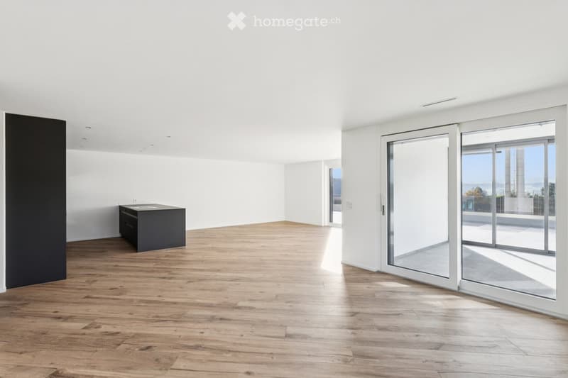large sliding glass doors, hardwood floors, black column, sliding glass doors leading to balcony