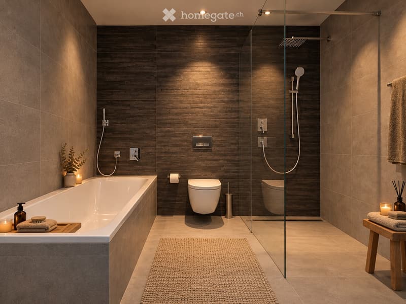 Modern bathroom with a bathtub, toilet, glass-enclosed shower, and various accessories including towels, candles, and a small plant.
