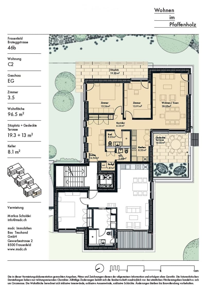 Floor plan of a residential unit with living/dining area, two bedrooms, kitchen, bathroom, and terrace.