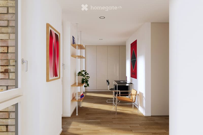 Modern hallway with wooden flooring, white walls, built-in closet, and contemporary furniture including a chair, table, and shelving unit with books and a plant.