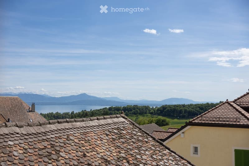 View of the house with mountains and a lake in the background.