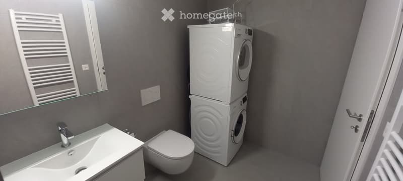 Modern bathroom with a sink, toilet, stacked washing machine, mirror, and radiator.