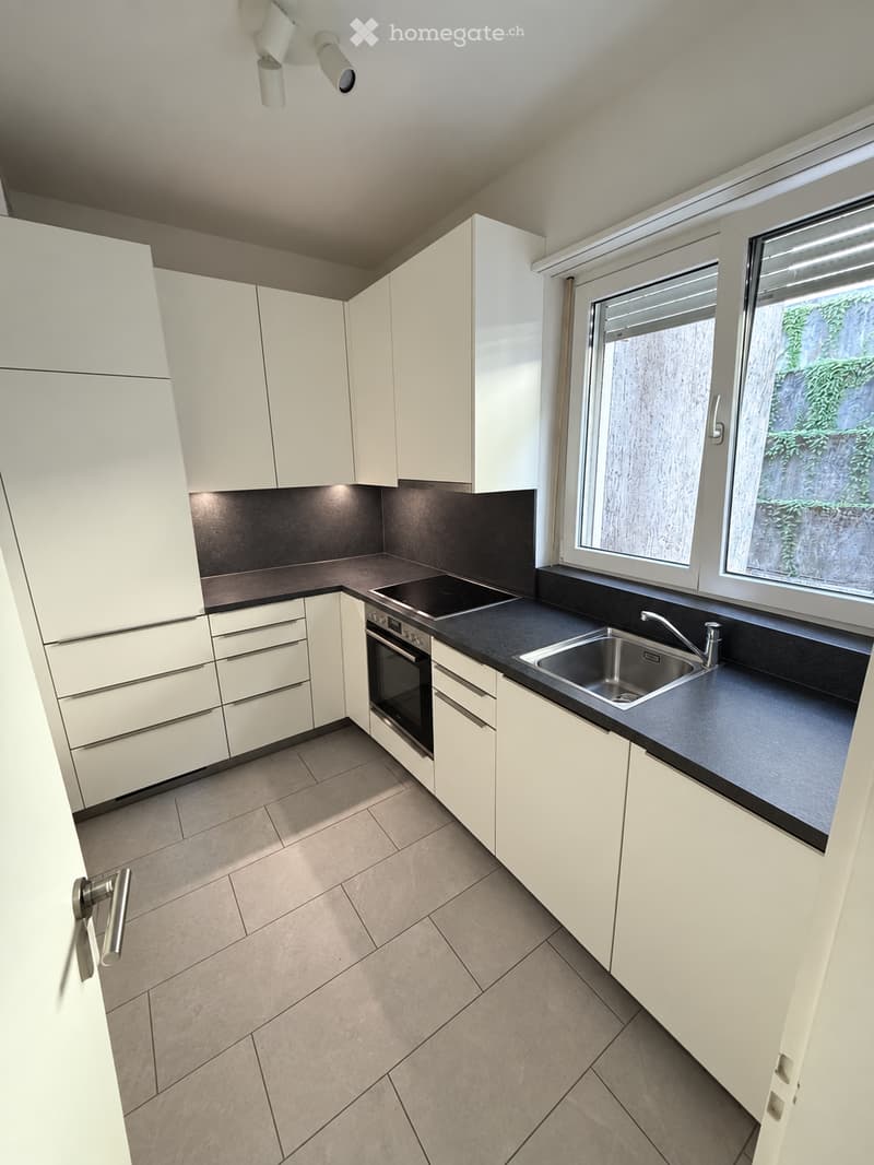 Modern kitchen with white cabinets, black countertops, and stainless steel sink and oven. Features an induction cooktop and ample natural light from large windows.