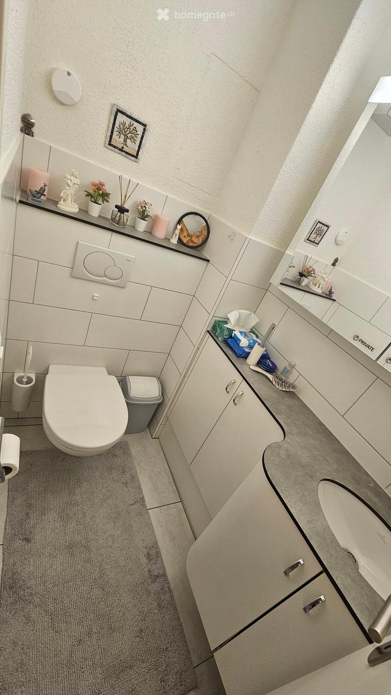 Modern bathroom with white tiles, a toilet, sink, mirror, and various toiletries. Features a grey trash bin, a small rug, and decorative items on the counter.