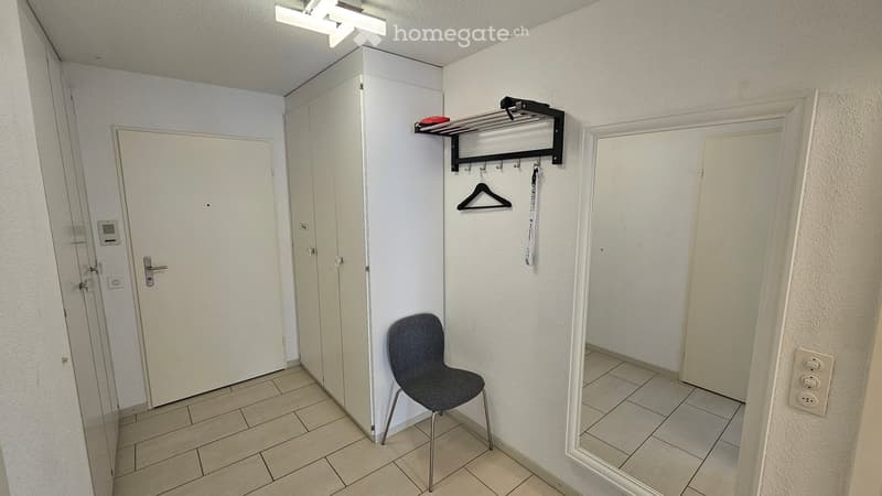 empty room, chair, coat rack, mirror, closet, light fixture
