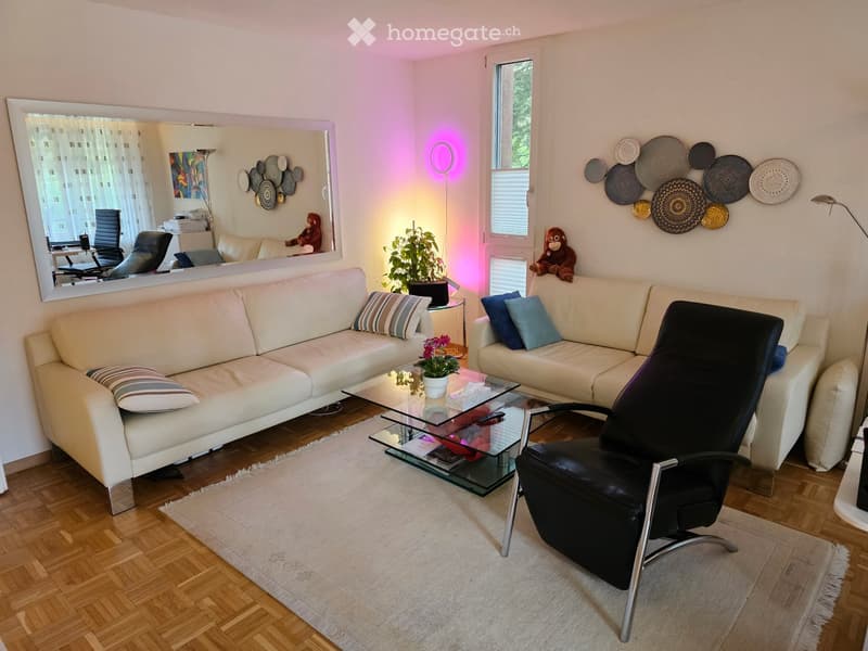 Modern living room with two cream-colored sofas, a glass coffee table, a black leather chair, a large mirror, decorative plates on the wall, and a potted plant.