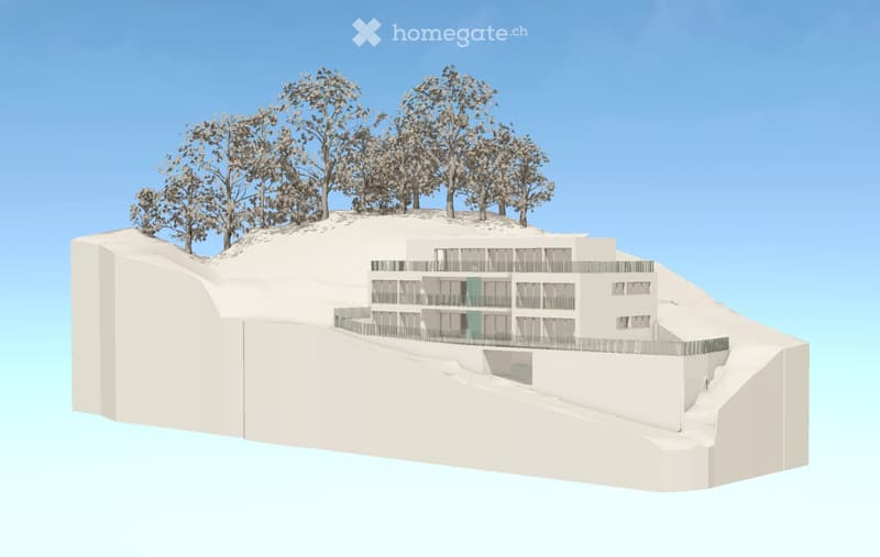 A modern, multi-story building with balconies and large windows, situated on a raised ground floor with a surrounding fence and trees on the roof.