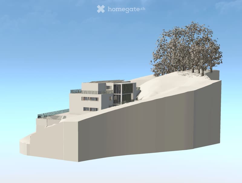 3D rendering of a modern multi-story building with a raised ground floor, featuring large windows, a balcony, and a landscaped rooftop with trees.