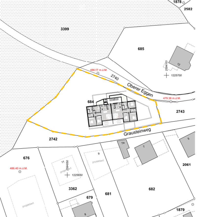 Floor plan showing a building layout with labeled rooms and surrounding property boundaries. Includes numbered sections and elevation details.