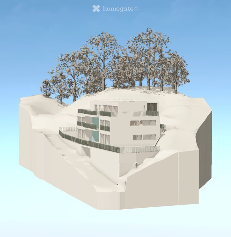 3D model of a modern white building partially embedded in a hillside, surrounded by trees, with multiple levels and balconies.