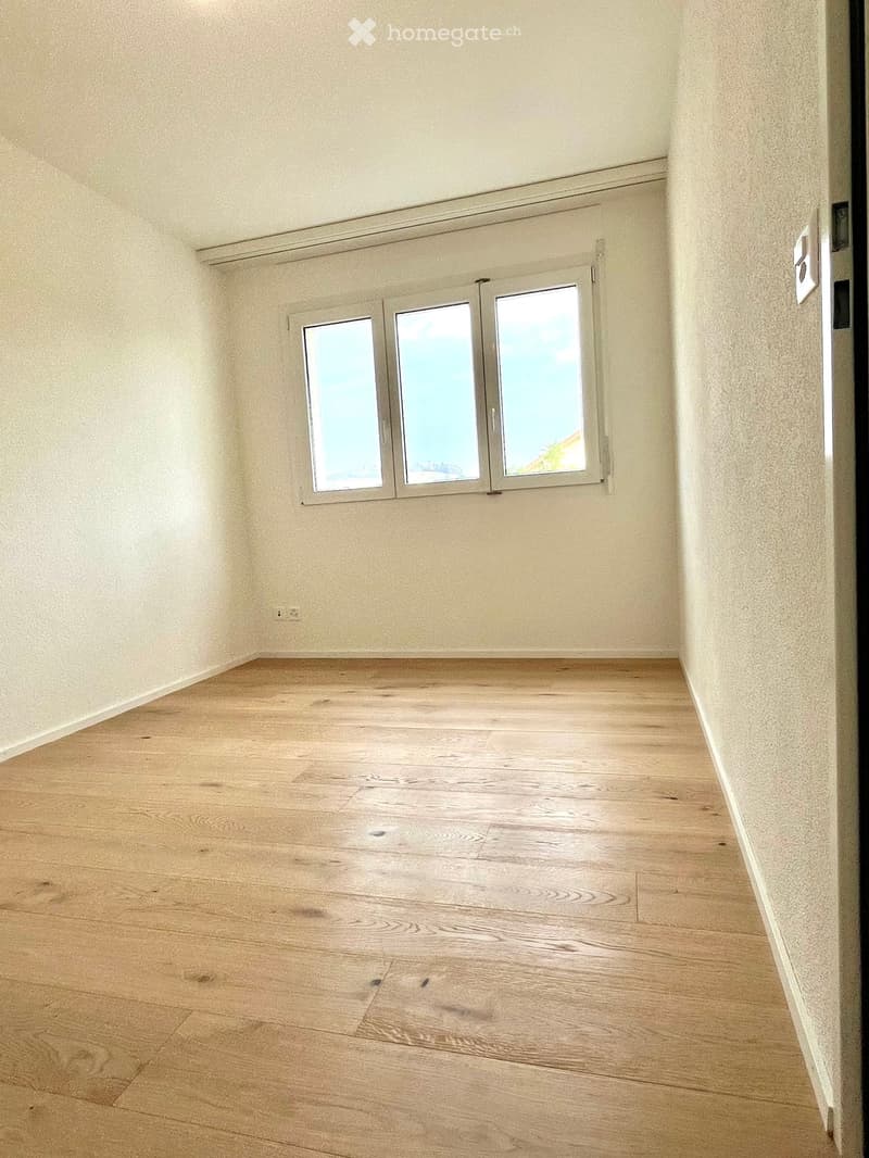Empty room with light wooden flooring and white walls, featuring a set of three large windows with frosted glass panels.