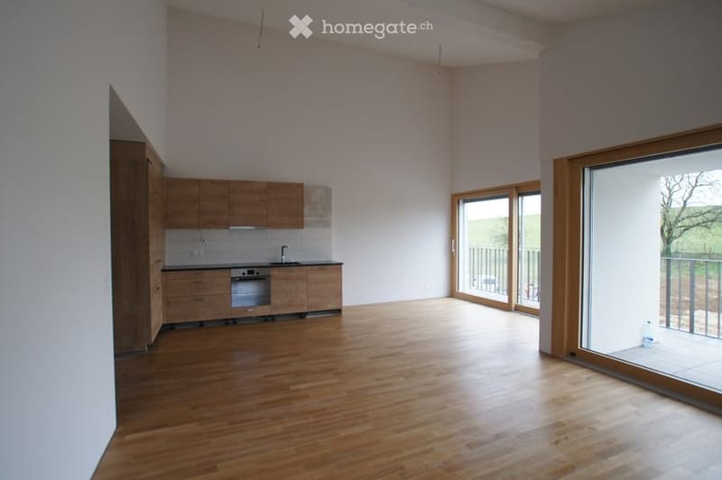 Open-plan space with a fitted kitchen area featuring wooden cabinets, a sink, and an oven, connected to a spacious living area with wooden flooring and large sliding glass doors leading to a balcony.