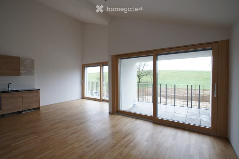Empty room with wooden flooring, large sliding glass doors leading to a balcony with a view of a green field.