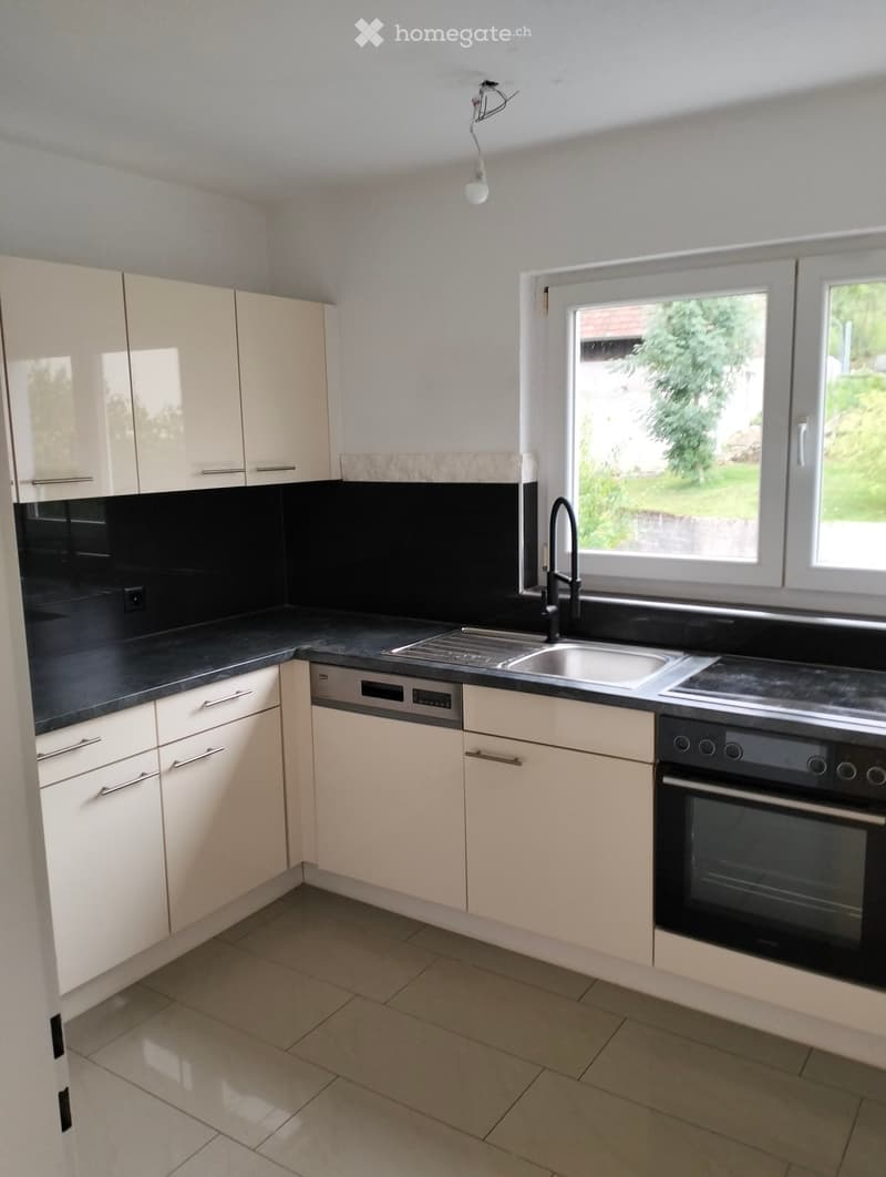 Modern kitchen with white cabinets, black countertops, and stainless steel appliances including a sink, faucet, oven, and dishwasher.