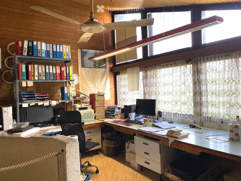 A well-organized room with wooden walls and floors, featuring a large window with curtains, a fan, shelves filled with books and binders, and a chair.