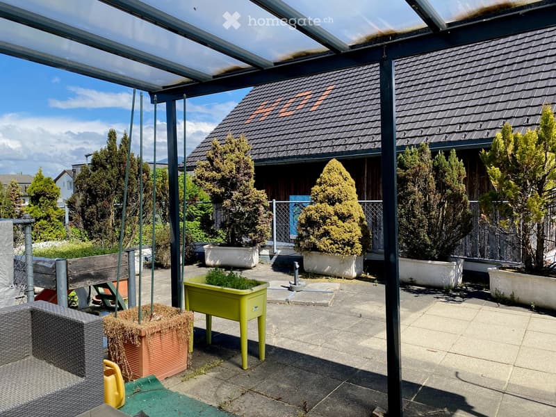 A rooftop garden with hanging planters, greenery, and a view of the surrounding area.