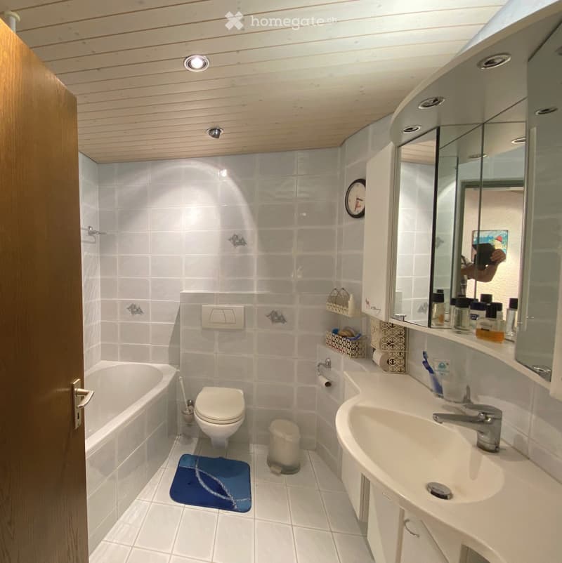 Compact bathroom with a sink, toilet, shower, and a mirror. The floor is wooden, and the walls are tiled.
