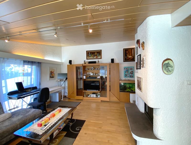 Modern, open-concept living space with wooden flooring, built-in cabinets, a television, shelves, and decorative picture frames.