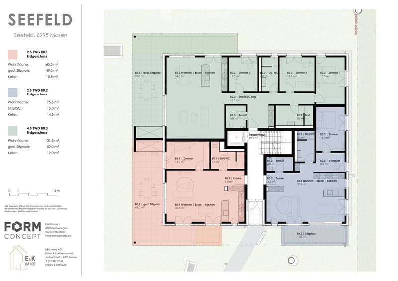 Floor plan of a multi-unit building with three apartments, including living spaces, bedrooms, kitchens, bathrooms, and entrances.
