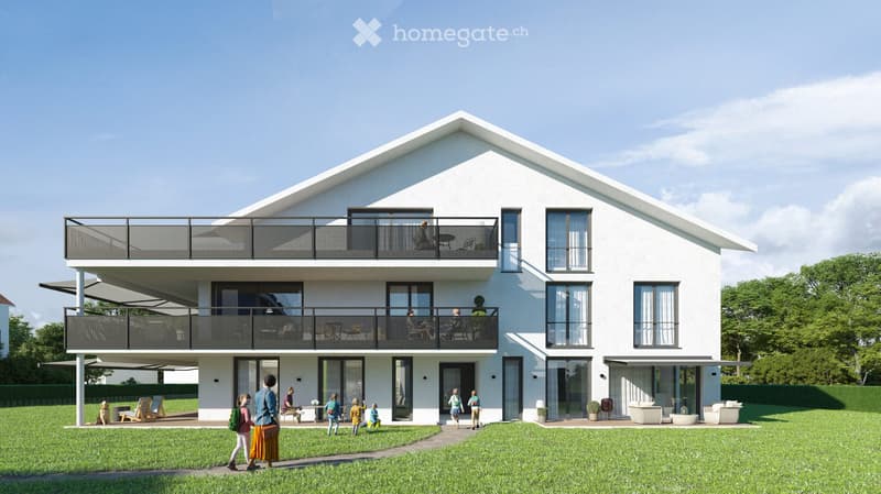 Modern two-story house with white exterior, large windows, balconies, and a spacious lawn with outdoor seating.