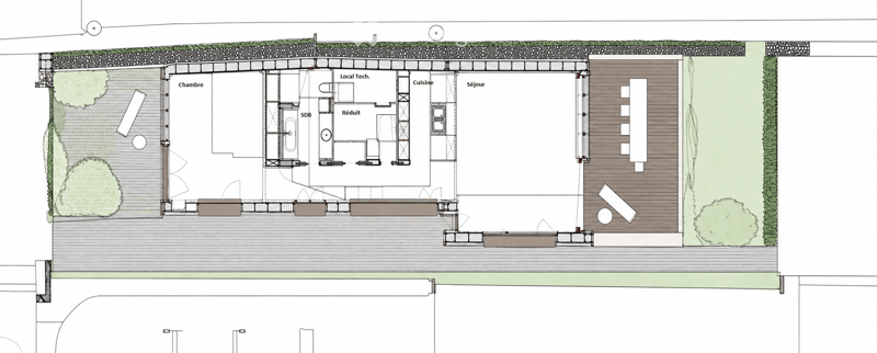 Floor plan of a house with a living room, kitchen, bedroom, bathroom, and outdoor patio area with seating.